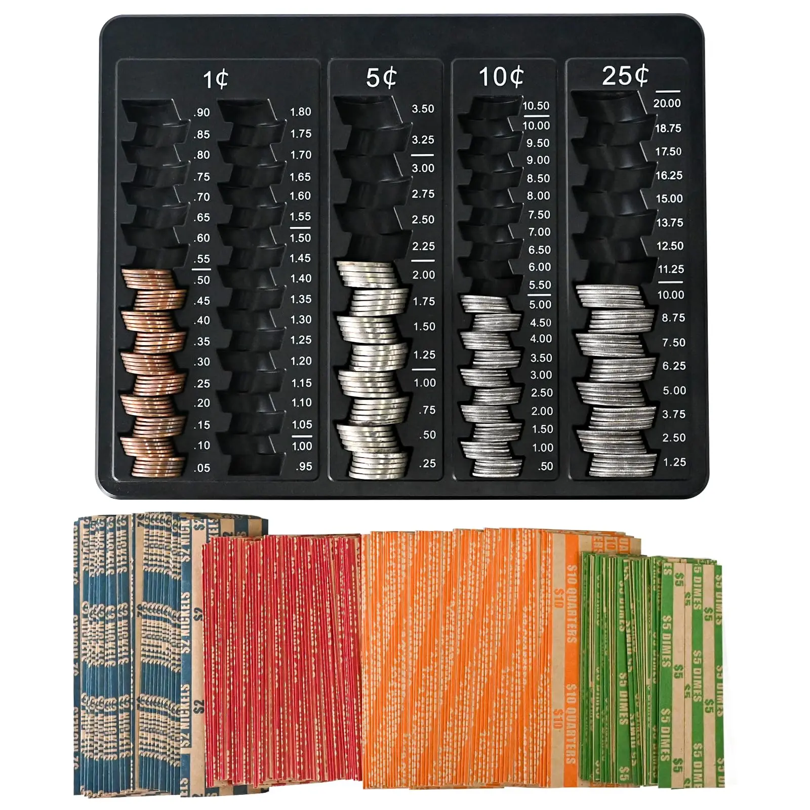 L LIKED  Black Coin Counter Tray -Change Counter Coin Counting and Sorting Tray with 150 Assort Coin Wrappers Included-5 Compartments Slots for Organization Pennies, Nickels, Dimes, and Quarters