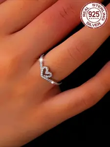 S925 Sterling Silver Heart Design Ring, Heart Shaped Engagement Ring, Fashion Zircon Decor Engagement Ring for Women & Girls, Trendy All-match & Exquisite Jewelry for Birthday Gift, Elegant Ring