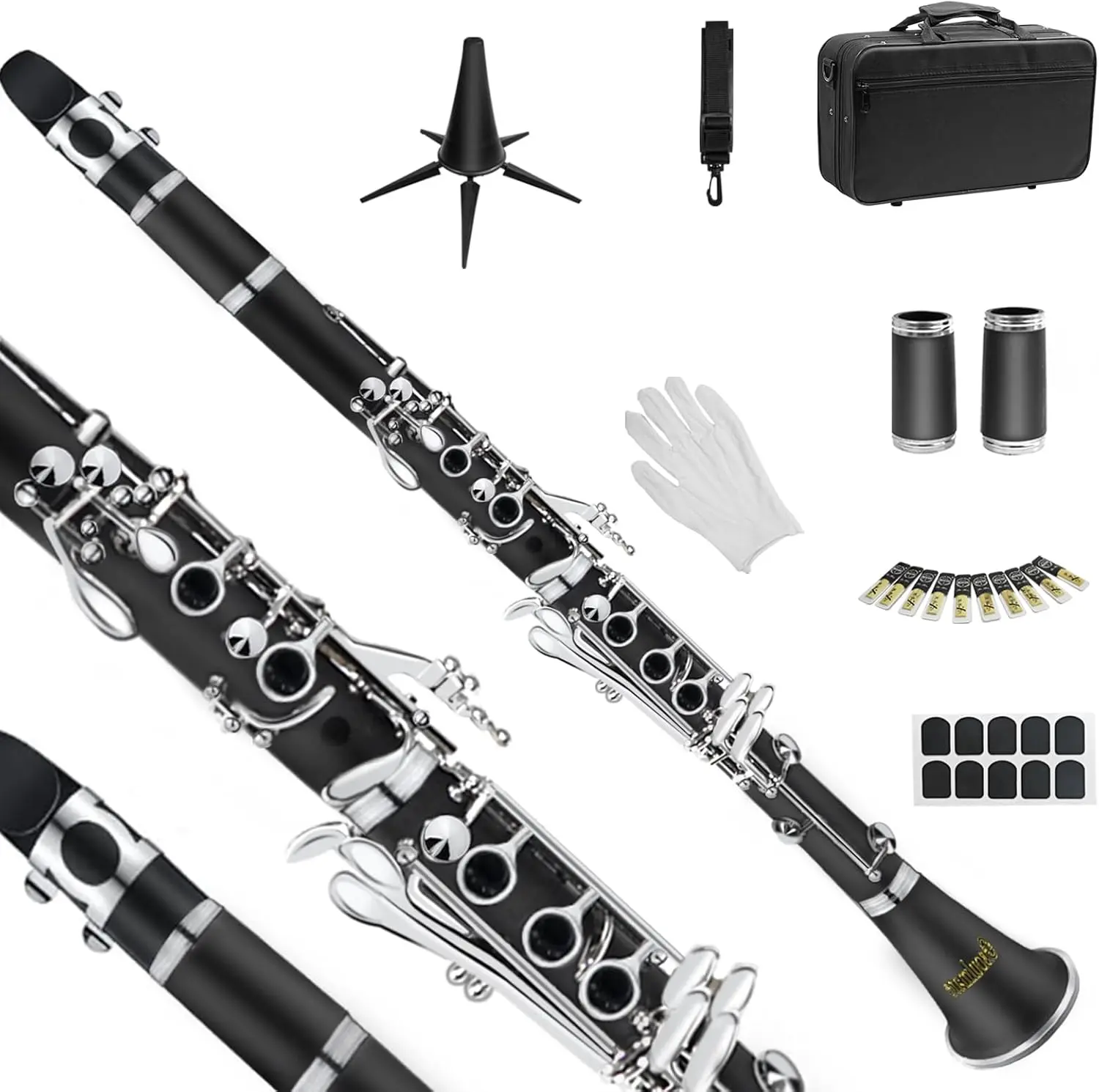 Clarinet for Beginner Student Adults 17   Clarinet Set with 2  Hard Case 10 Reeds and Cleaning Kit, Professional Black