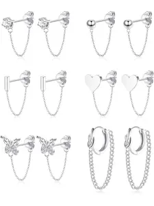 6 pairs Chain Stud Earrings Set for Women CZ Bar Dangle Earrings Heart Butterfly Ball Minimalist Stud Earring Huggie Hoop Piercing Earrings with Chain Stainless Steel Ear Pins