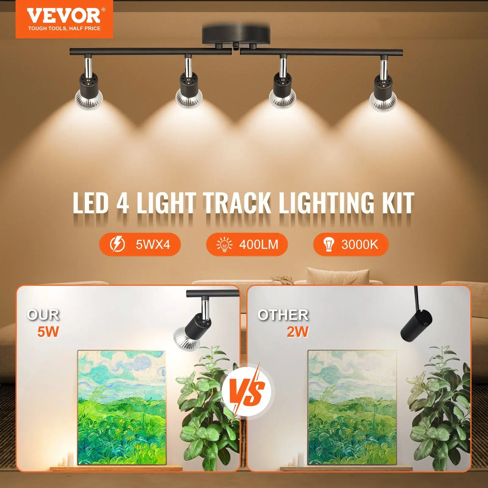 Spring new arrivals 4-Light LED Track Lighting Kit, Ceiling Spot Light with Rotatable Light Arms and Heads, 24.8" Track Lighting Fixture, Included 4 GU10 3000K Bulbs for Indoors Exhibition, Kitchen, Living Room