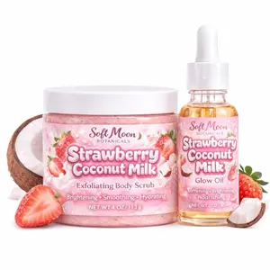 Soft Moon Botanicals Strawberry Coconut Milk Exfoliating Body Scrub & Glow Oil Set - Brightening, Smoothing, Hydrating Moisturizing Cleansing Moisturizer