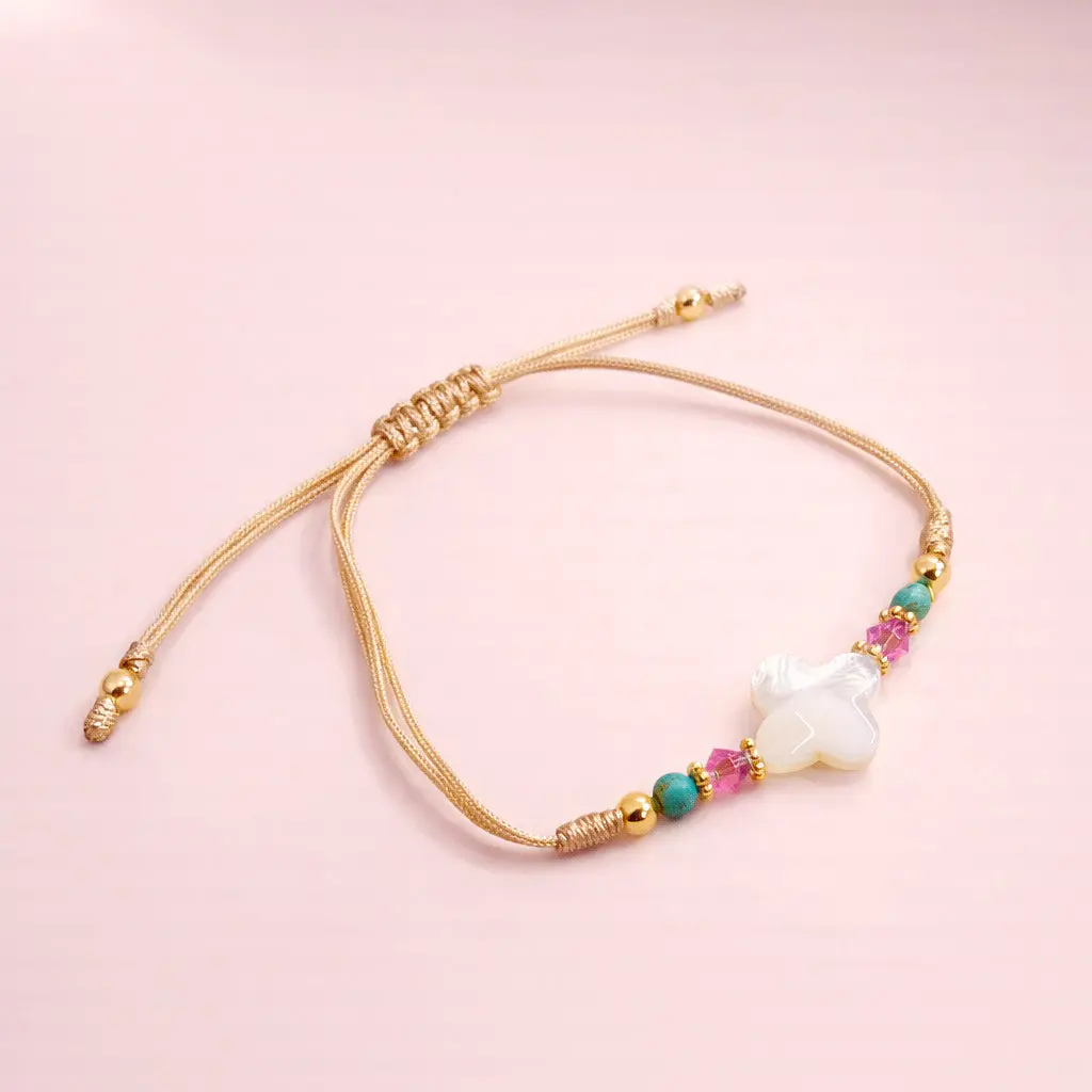 Nacar White Flower Thread Blue Pink Bracelet