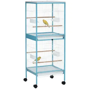 55" 2-in-1 Bird Cage Aviary – Light Blue, Stackable/Convertible Design for Finches & Budgies, Rolling Wheels, 4 Access Doors, Slide-Out Trays