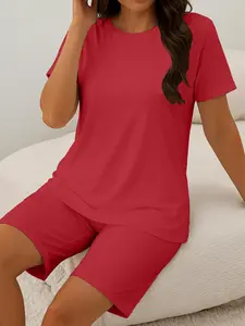 【Plus Size】cute summer outfits，Women's Casual Two-Piece Set, Loose-Fitting Oversized Round Neck Short Sleeve T-Shirt & Shorts, Comfortable Fashion for Daily Wear