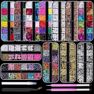 12 Boxes Nail Art Kit, Colorful Crystal Rhinestones Nail Jewels Flatback Pearls Acrylic Flower Nail Charms Caviar Beads 3D Metal Gold Studs Rivet Holographic Iridescent Sequins with Pickup Tools