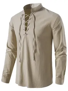 Men's Viking Style Stand Collar Long Sleeve Shirt, Drawstring Neck, Plain Design, Suitable for History Lovers, Casual Spring & Fall Wear