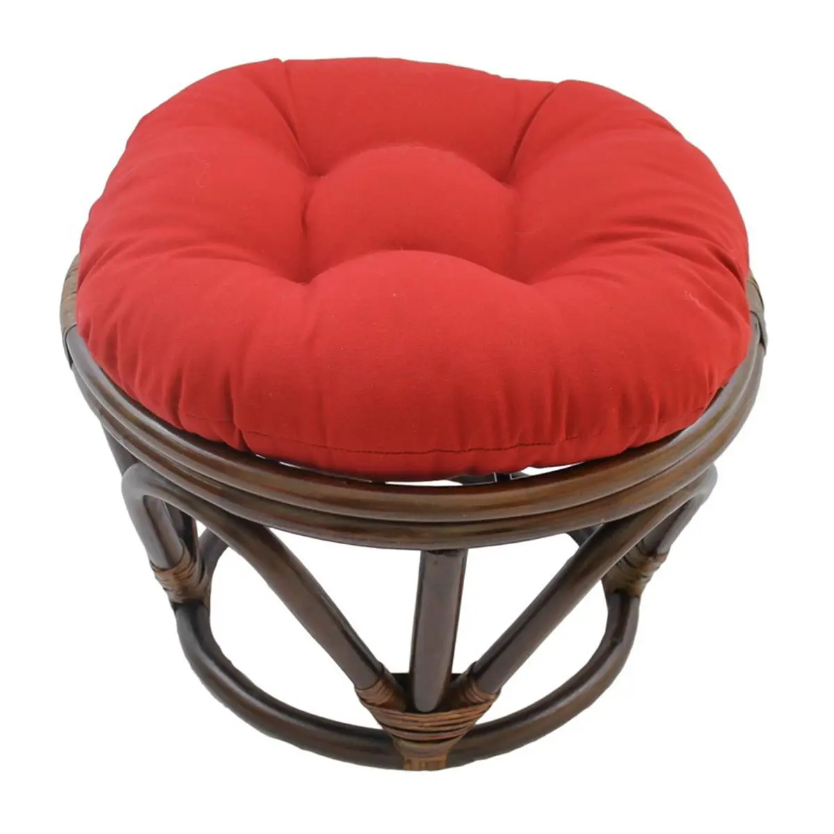 International Caravan Rattan Frame Soft Cushioned Stool - Casual Tufted Upholstered Ottoman with Red Twill Tufted Cushion, Ideal for Enclosed Porch Decor, Sun Room Decor, 9 Lbs