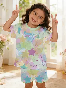 Caixing Fantasy Sea Baby Girl Children's Set Digital Printing 100% Polyester Baby Short-sleeve Set, lovely baby girl casual clothing, suitable for daily and outdoor sports T-shirts, a perfect gift for babies and children