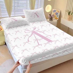 3Pcs A-Z Pink Coquette Bow Monogram Initial Fitted Sheet Set, Cute Bow Print Bed Sheet Set, Deep Pocket Design, Soft Breathable Microfiber, Wrinkle & Fade Resistant, For Girls Bedroom, Coquette Room Decor, All Season Use