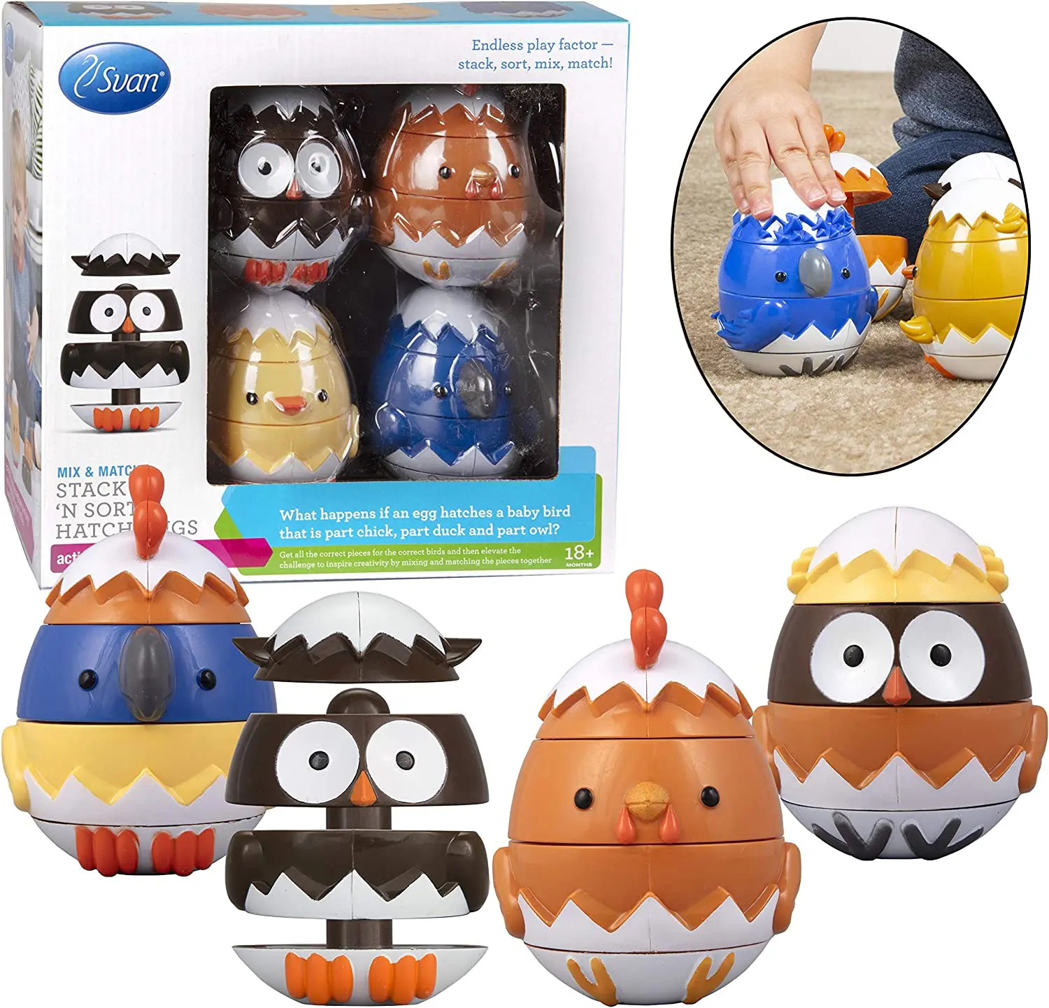 Egg Stacking & Sorting Toys, Mix & Match Educational Hatching Farm Animal Eggs 4 Pack- Owl Duck Chicken Bluejay- Creative & Imaginative, Kids Building Play, Toddler Basket Stuffer Gift