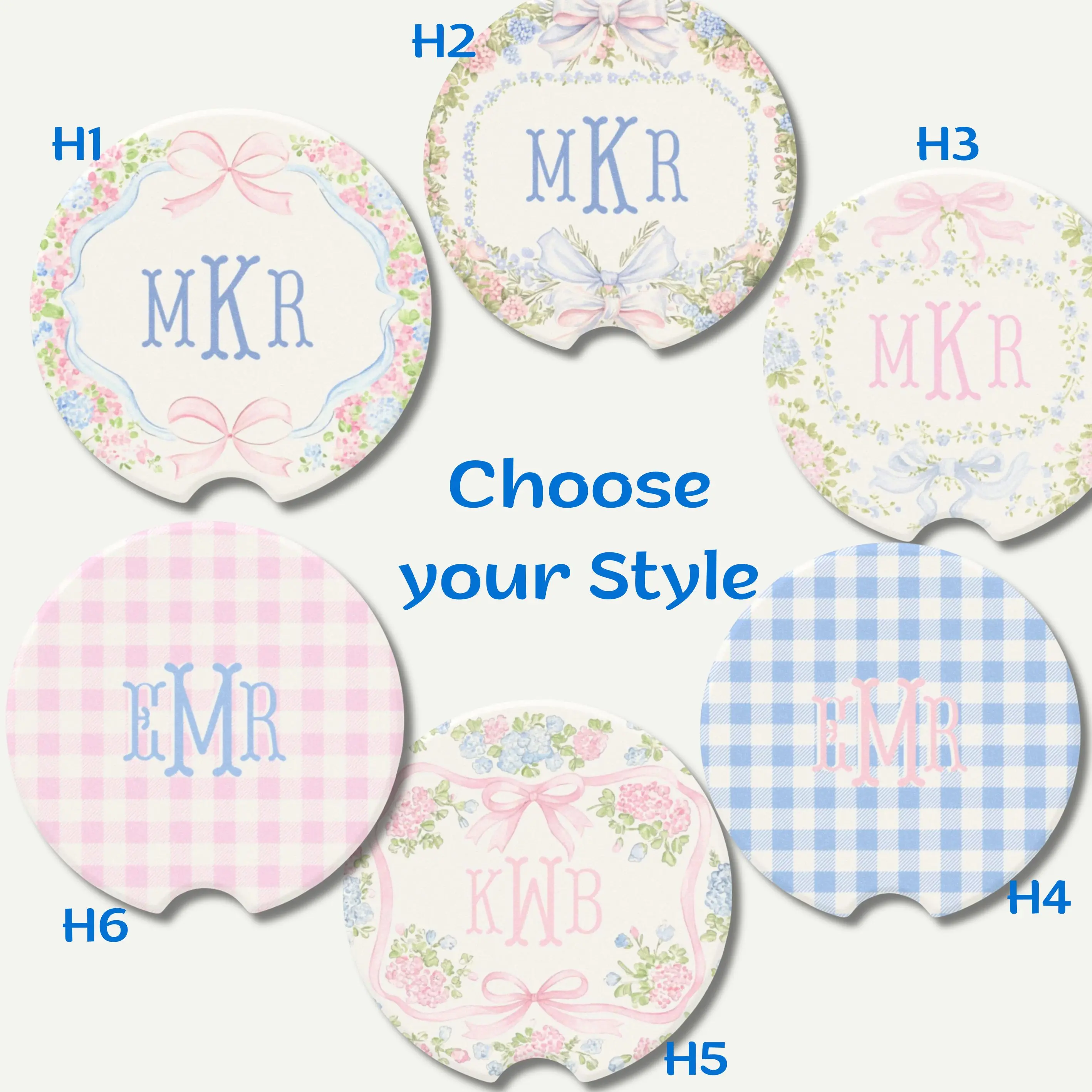 Pink Blue Floral Coquette Grandmillennial Car Coaster Custom Monogrammed Car Decor Personalized Gift for Her Preppy Cute Aesthetic Car Accessories Birthday Gift