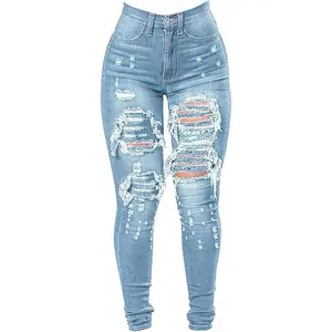 Women's High Waist Plus Size Destroyed Jeans Slim Skinny Ripped Trousers Stretch Denim Pants, Washed Vintage Jeans High Street Hip Hop Pants,Casual Streetwear Ripped Skinny Jeans, Light Wash High Waist Denim, Perfect for Club/Date/Everyday Wear