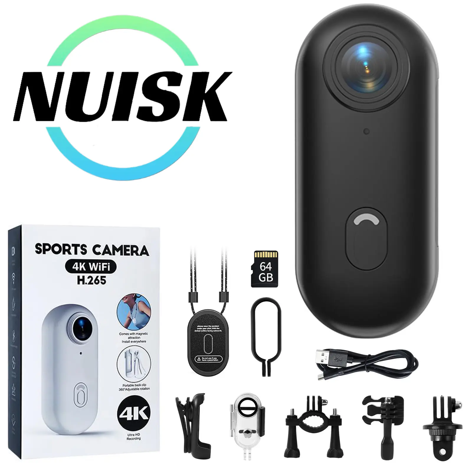 NUISK Mini Wearable Action Camera - IPX7 Waterproof Body Cam with Magnetic Mount, Clip-On Design, 110° Wide-Angle Lens, Anti-Shake Gear, WiFi, 5V Power Support, Memory & U3 Card Slot, Batteries for Vlogging, Cycling