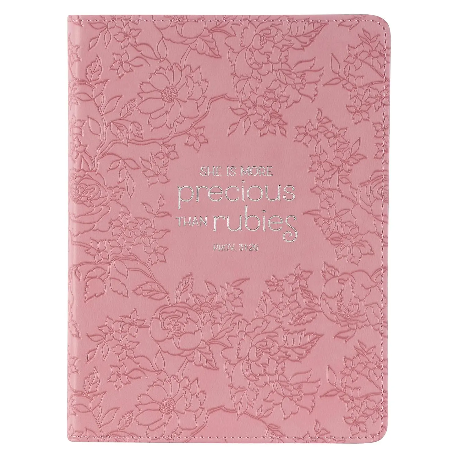 Christian Art Gifts Vegan Leather Small Journal Inspirational Scripture Women's Notebook More Precious Than Rubies Bible Verse Proverbs 3:15, 240 Ruled Pages, Strawberry Pink Floral