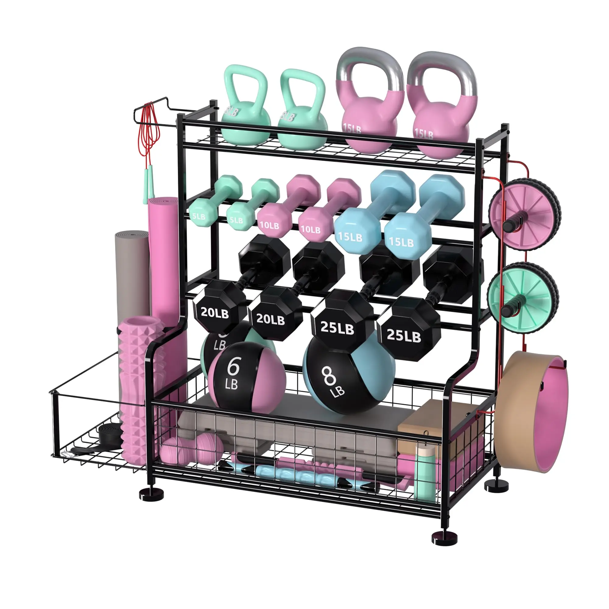 Garvee 4-Tier Dumbbell Rack Stand with Hooks – Heavy Duty Home Gym Storage for Yoga Mats, Kettlebells & Strength Training Equipment – Powder Coated Finish, Space-Saving Design – Keep Your Workout Area Organized & Tidy!