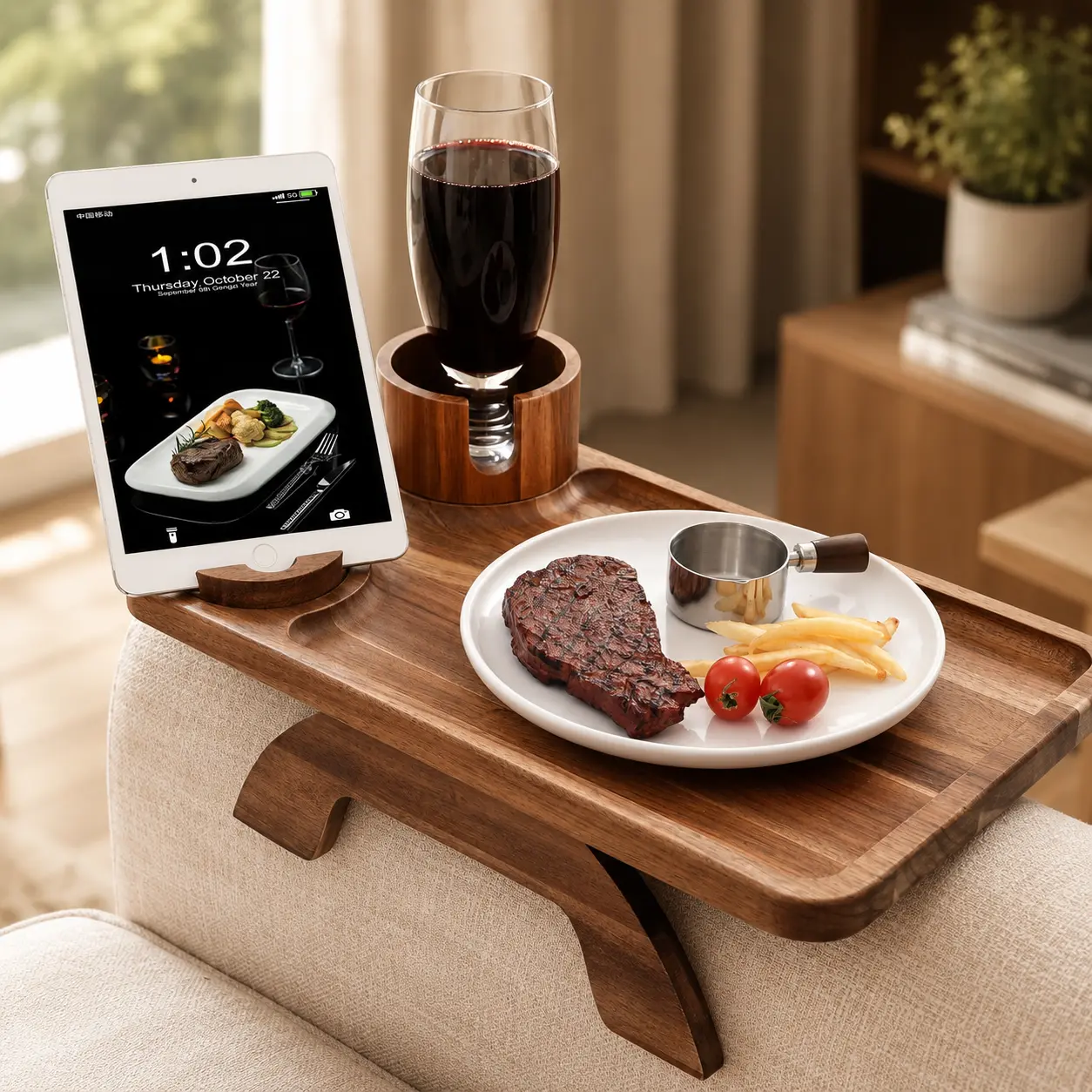 Rectangular Acacia Wood Sofa Arm Tray Table, 15.36" x 9.85" Foldable Couch Armrest Tray with 360° Rotating Phone Holder, Drink Holder & Stable Work Surface for Living Room, Bedroom & Home