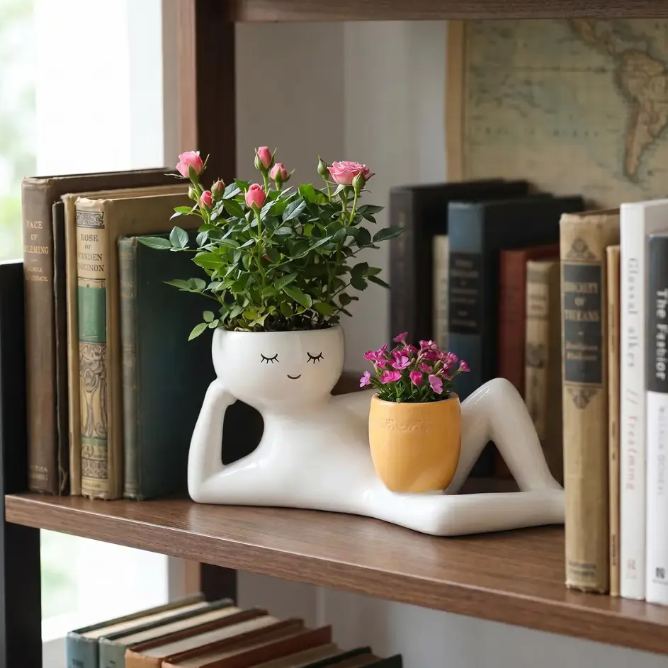 Minimalist Humanoid Ceramic Figure Planter, Modern White Art Flower Pot with 2 Planting Spots, Cute Reclining Succulent Container for Indoor Plant Display, Bookshelf, Gift Idea