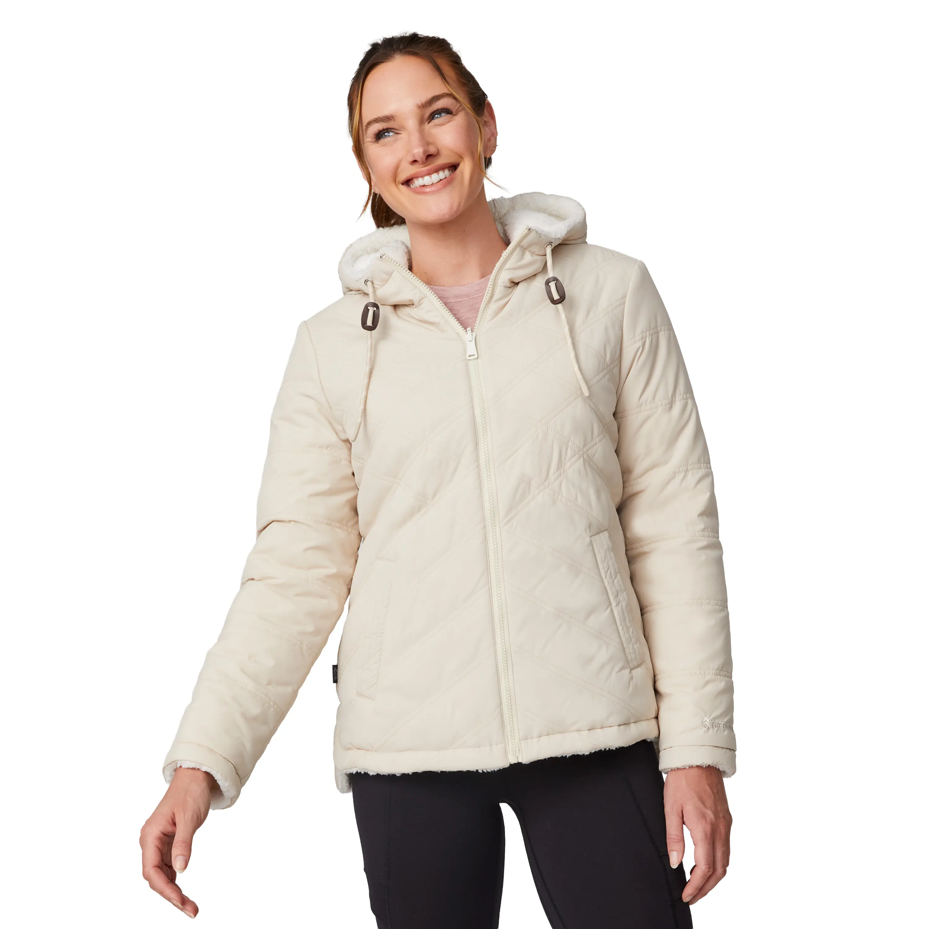 FREE COUNTRY Women's Acadia Cloud Lite Reversible Coat, Long Sleeve Polyester Puffer with Sherpa Lining and an Adjustable Hood, Tops, Coats