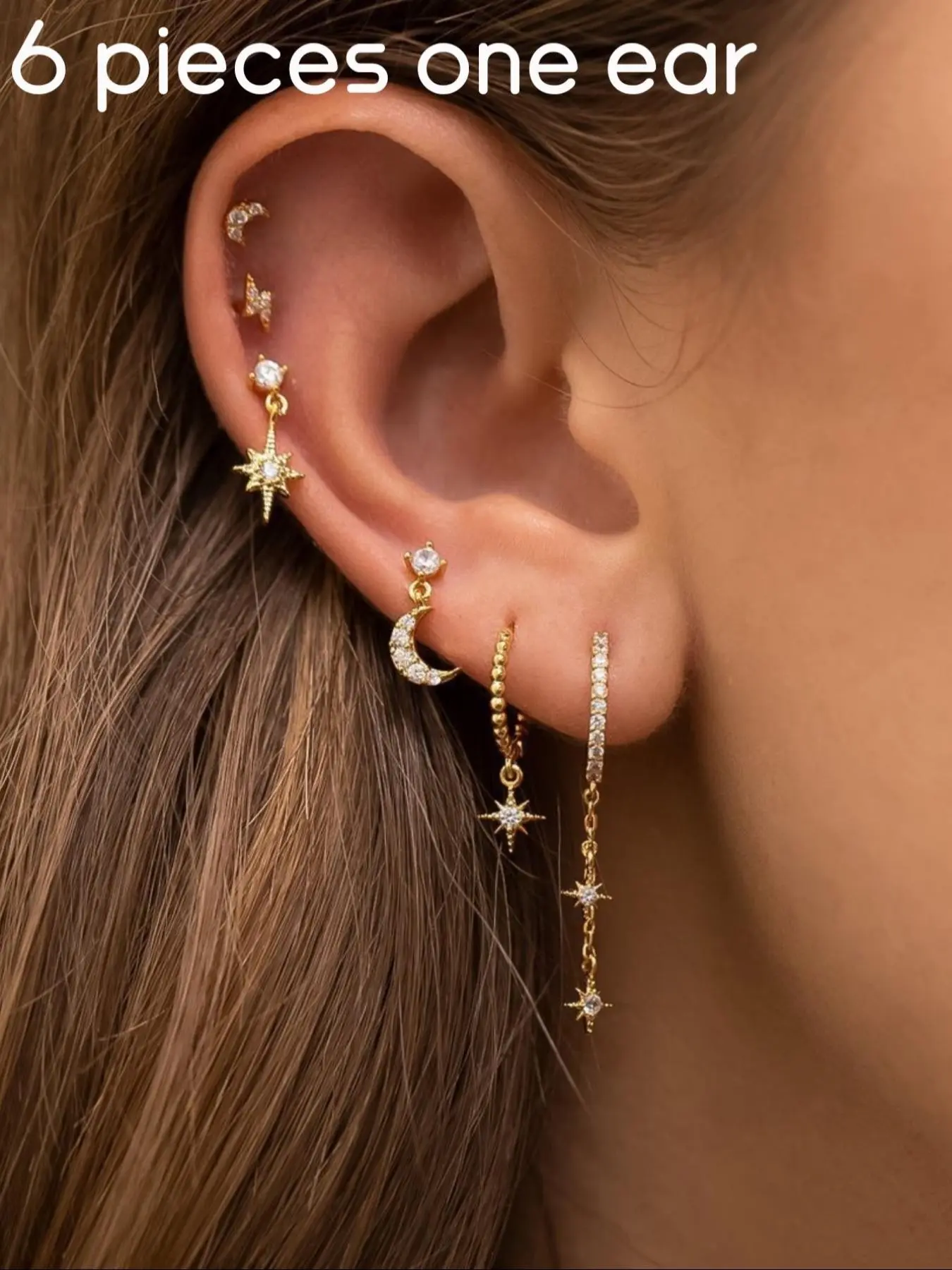 6/3pcs New Star Moon Soft Cartilage Piercing Dangle Earrings Set, Cubic Zirconia Stainless Steel Pendant Chain Rings Ear Accessories Earring Stacks, Cartilage Earring Sets