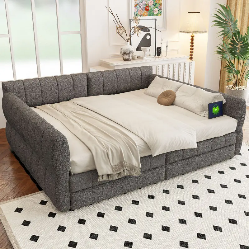 Modern Queen Size Upholstered Daybed with Storage Drawers, Bedroom & Apartment Furniture Wood Platform Bed Frame with 2 Drawers and USB Ports, No Box Spring Needed