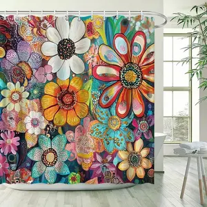Bohemian Christmas Flower Feast Colorful Flower Shower Curtain, perfect for bathroom decoration, partition, beautify space, polyester durable material, easy to clean, machine washable, multiple sizes to choose from, with hooks