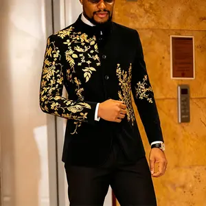 Men's Black Velvet Blazer with Gold Floral Embroidery, Slim Fit Suit Jacket for Wedding, Party, Banquet, Prom