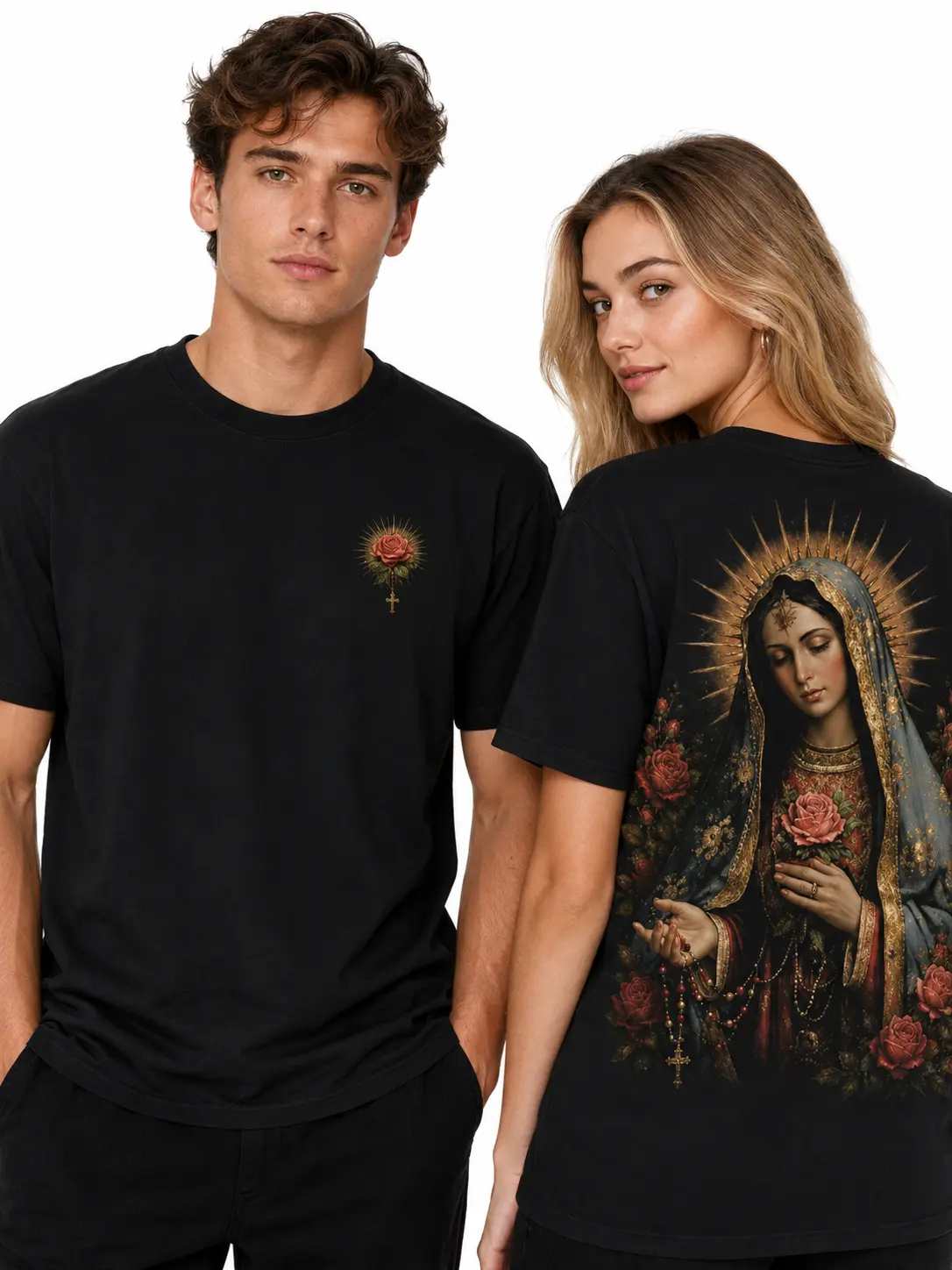 Sacred Bloom Virgin Mary Graphic T-Shirt for Men & Women, Vintage Religious Rose Front and Back Print, Trendy Christian Streetwear Tee, Cute Women’s Printed Top, Loose Fit Unisex Cotton Short Sleeve