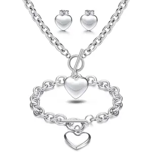 MILACOLATO Unisex Stainless Steel Heart Shape Jewelry Set - Toggle Chain Heart Pendant, Necklace, Bracelet & Stud Earrings - Daily Wear Love Jewelry for Halloween summerwins