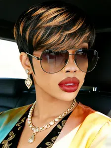 1B/30 Short Pixie Cut Wig Human Hair With Bangs Layered Machine Made for Daily Wear & Party Human Hair Wigs