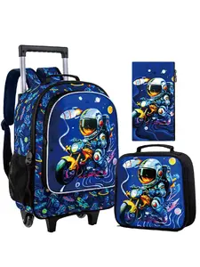 3PCS Rolling Backpack for Boys, Cute Astronauts Wheeled Bookbag?Roller School Bag with Wheels for Elementary Preschool Travel