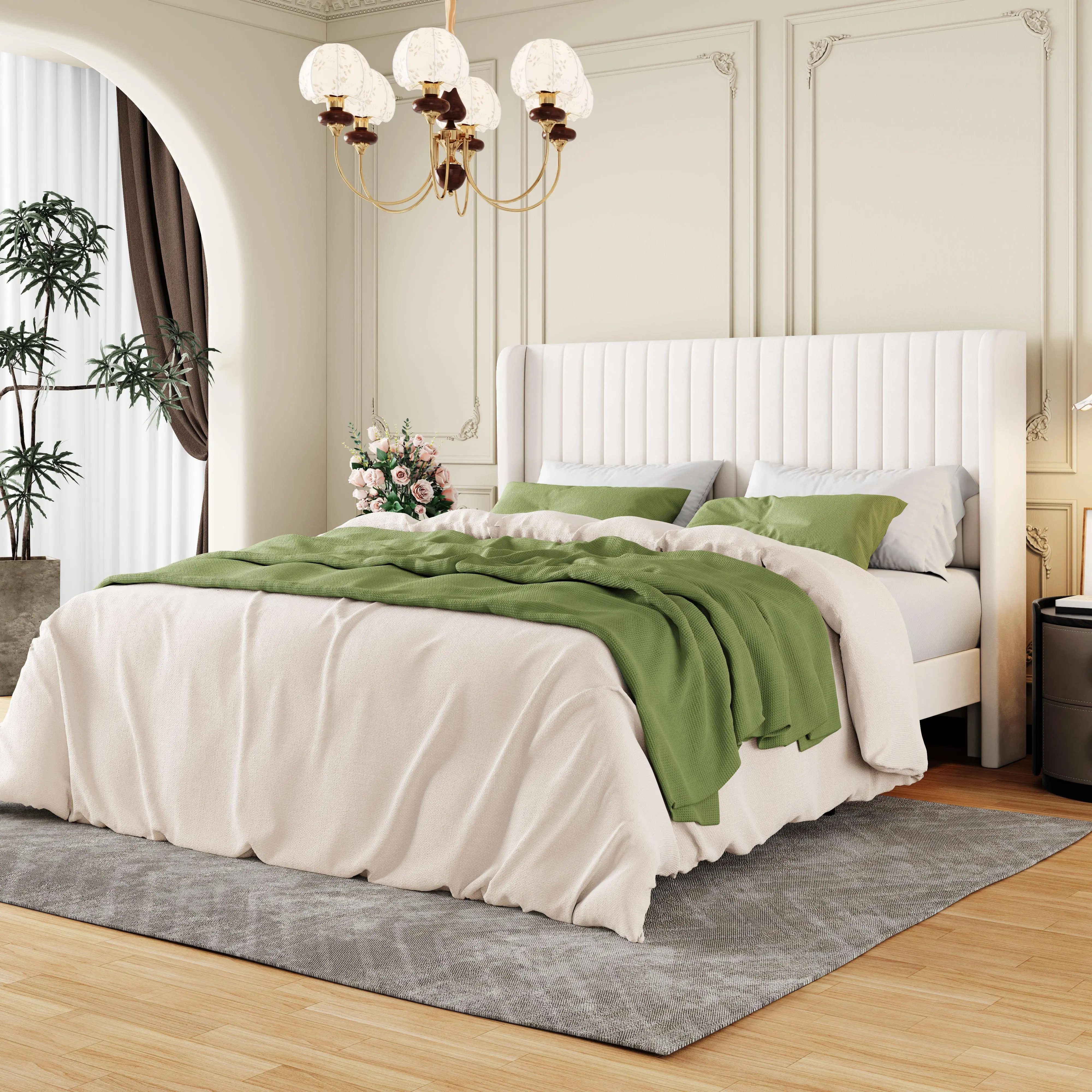 MUTICOR Modern Channel-Tufted Upholstered Bed Frame with Wingback Headboard, Velvet Fabric, Twin/Full/Queen/King, No Box Spring Needed#SummerVibes