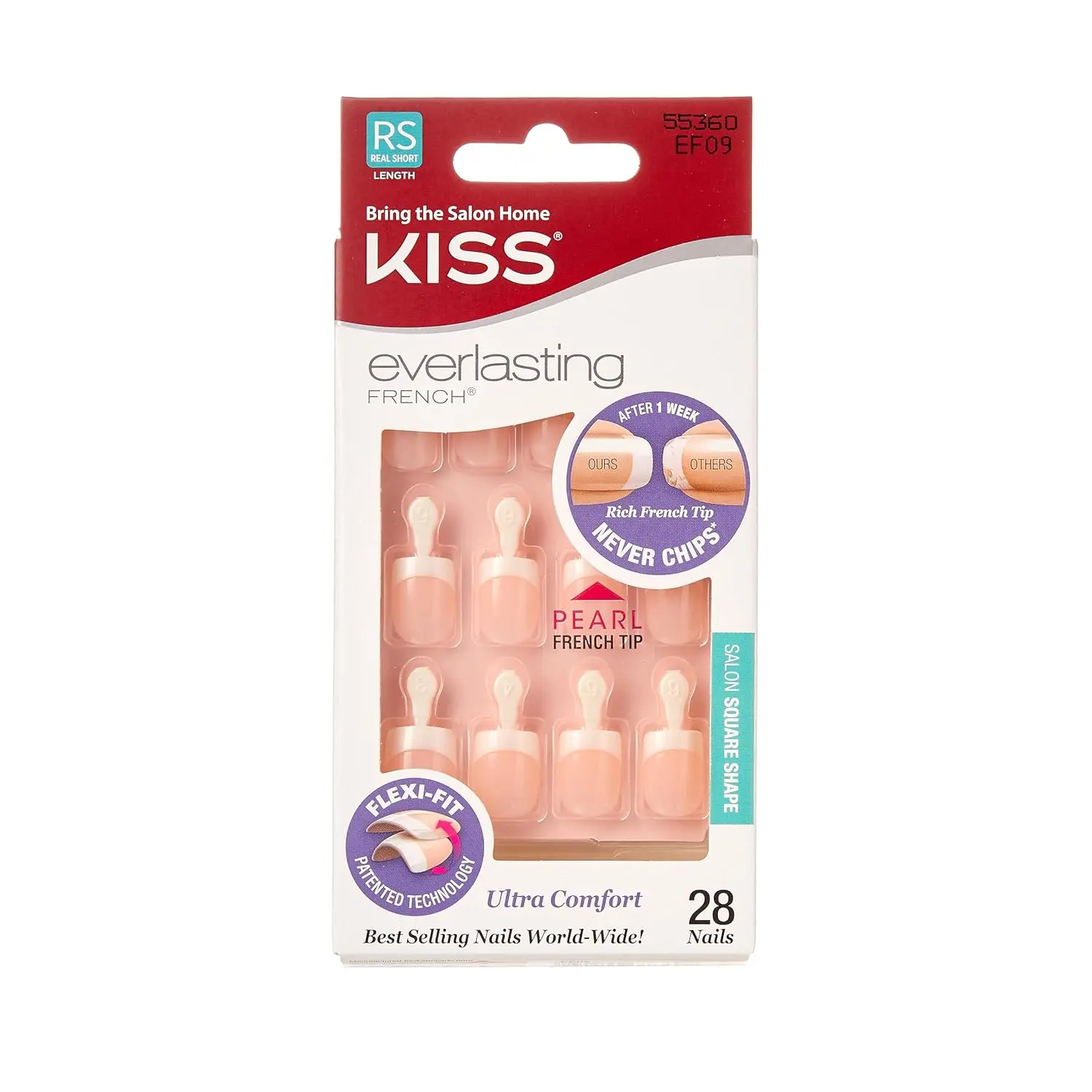 Kiss Everlasting French Nail Manicure, Chip-Free, Flexi-Fit Technology, Real Short, "String of Pearls", Nail Kit with Pink Nail Glue (Net Wt. 2g / 0.07oz), Mini File, Manicure Stick, and 28 Fake Nails