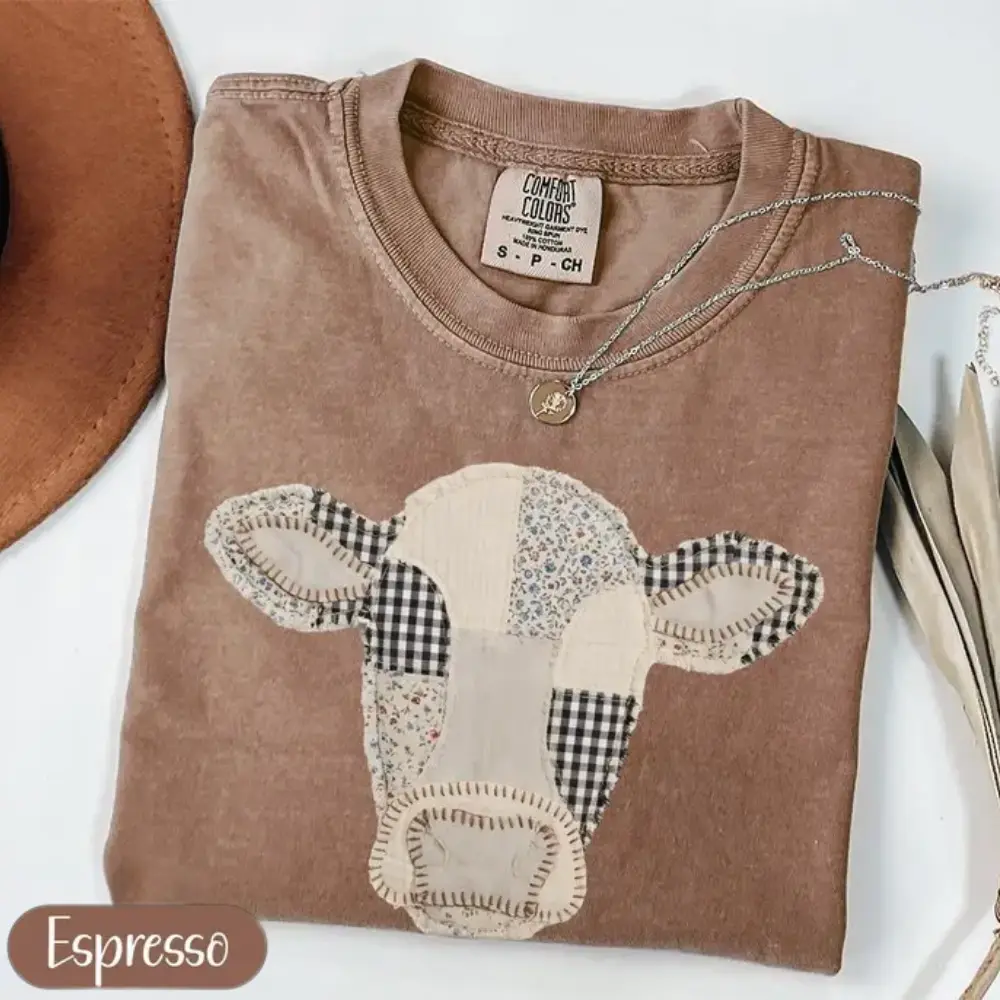 Comfort Colors Patchwork Cow T-Shirt, PRINTED Quilted Farm Animal Head Tee, Gingham Floral Rustic Cow Lover T Shirt, Cottagecore Farmhouse Gift Graphic Tee