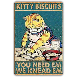 Funny cat metal tin signs vintage Kitty kitchen sign home coffee office retro wall art decor kitty cookies you need we knee 12x8 inch