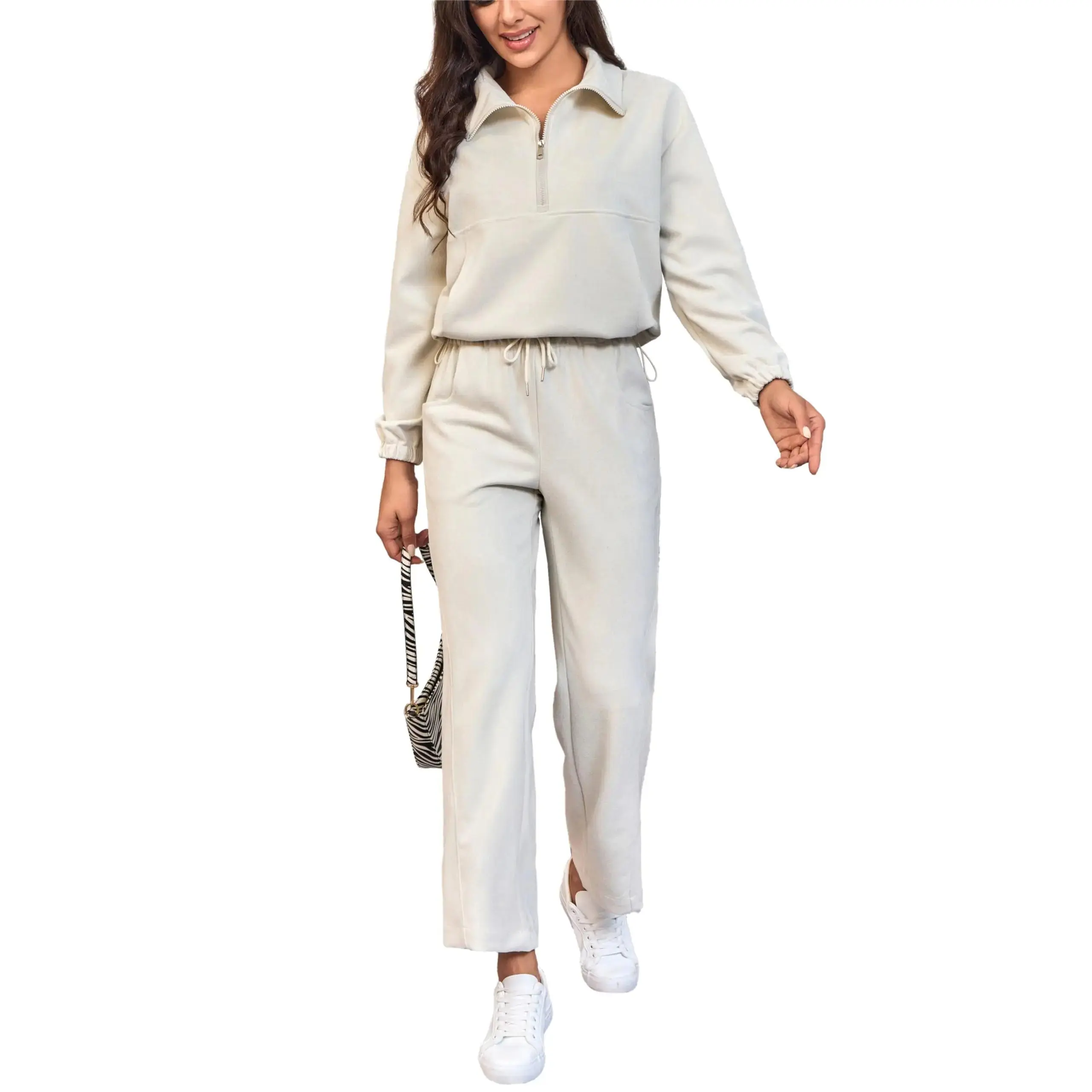 HAOZHIYU Women Clothing 2 Piece Outfits Sweatpants Sweatshirts Sets Trendy Travel Outfits Half Zip Sweat Shirts Wide Leg Pants Comfy Lounge Beige M