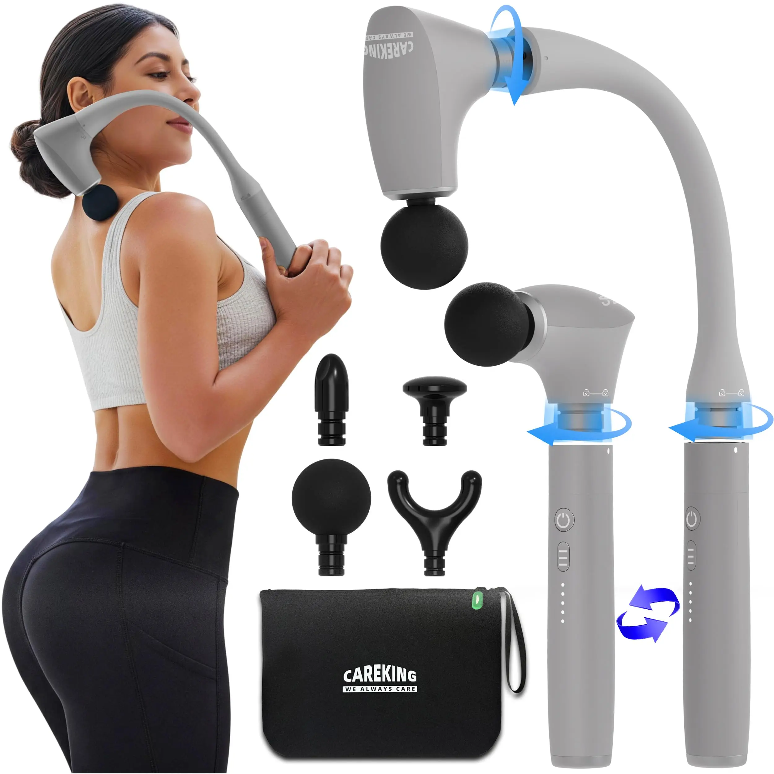 CAREKING 2-in-1 Detachable Massage Gun with Extension Handle, Back Massager for Pain Relief Deep Tissue, Handheld Muscle Massager for Neck Arm Shoulder Lower Back Thigh Waist, Gifts for Women Men, Grey