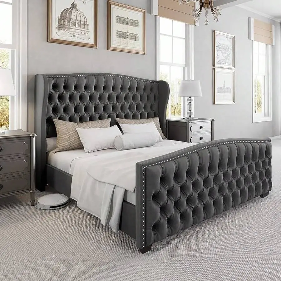 Queen/King/California King  Platform   With Velvet Upholstered Wingback Headboard, Handmade Button Tufted And Nailhead Trim, Wooden Slats Support,,  , King    Bedframe