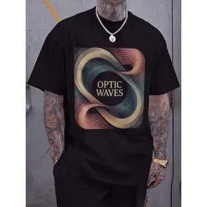 Retro Optic Waves Graphic Tee Square Print On Black Printed Tee, Retro Color Gradient Teal Gold Coral, Casual Wear Unisex Top Summer Shirt, Streetwear Aesthetic Tee, Soft Fabric, Comfortable Relaxed Fit, Trendy Minimalist Design Art