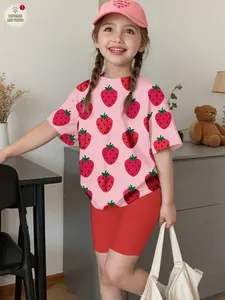 Toddler Girls Allover Strawberry Print 2 Piece Outfit Summer Short Sleeve Tee & Biker Shorts Set