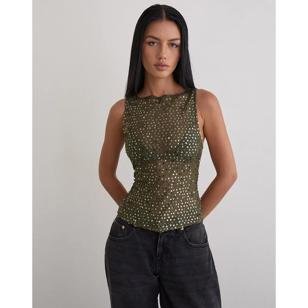 MOTEL Dudley Vest Top in Sequin Knit Olive