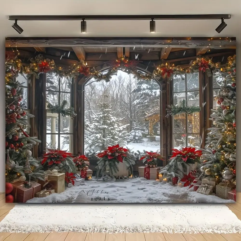 Polyester Christmas Wall Hanging Backdrop Banner, 39x59in Cloth with Cozy Festive Tree & Snowy Window Scene, Living Room Decor for Christmas, Birthday Festive Occasions