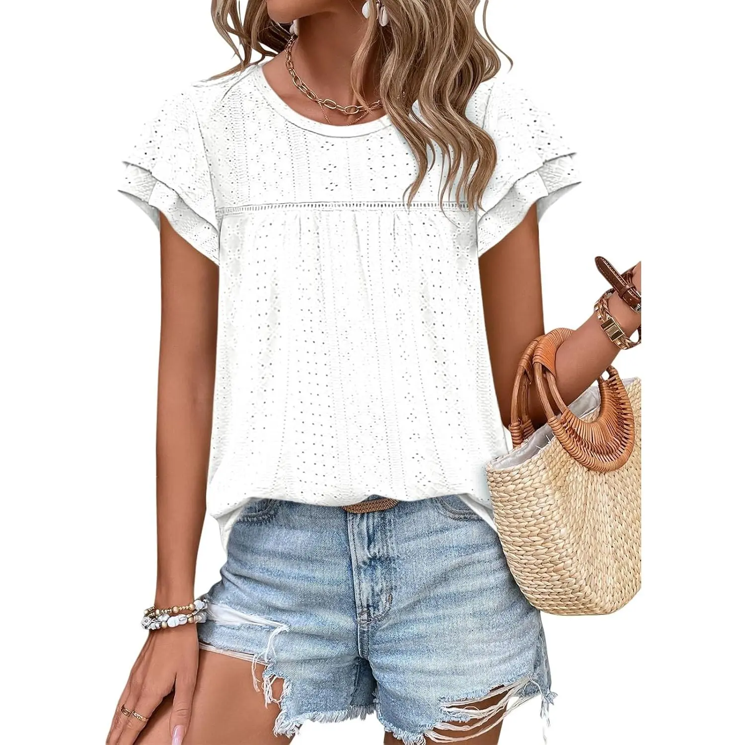 Imily Bela Essentials Womens Summer Tops Crewneck Eyelet Ruffle Sleeve Blouses Casual Babydoll Shirts 2026 S-2XL
