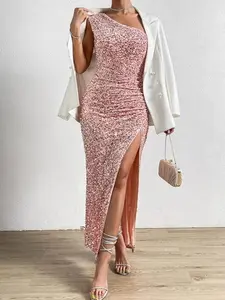 Women's Formal Sequin One Shoulder Split Bodycon Evening Cocktail Long Dress Retro Elegant Floral Boat Neck Evening Business
