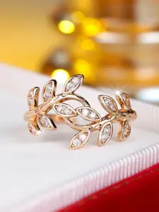 Elegant Round Zirconia Leaf Ring, Adjustable Open Design, Delicate Fresh Style Jewelry for Girls, Perfect Gift Idea, Cubic Zirconia Rings