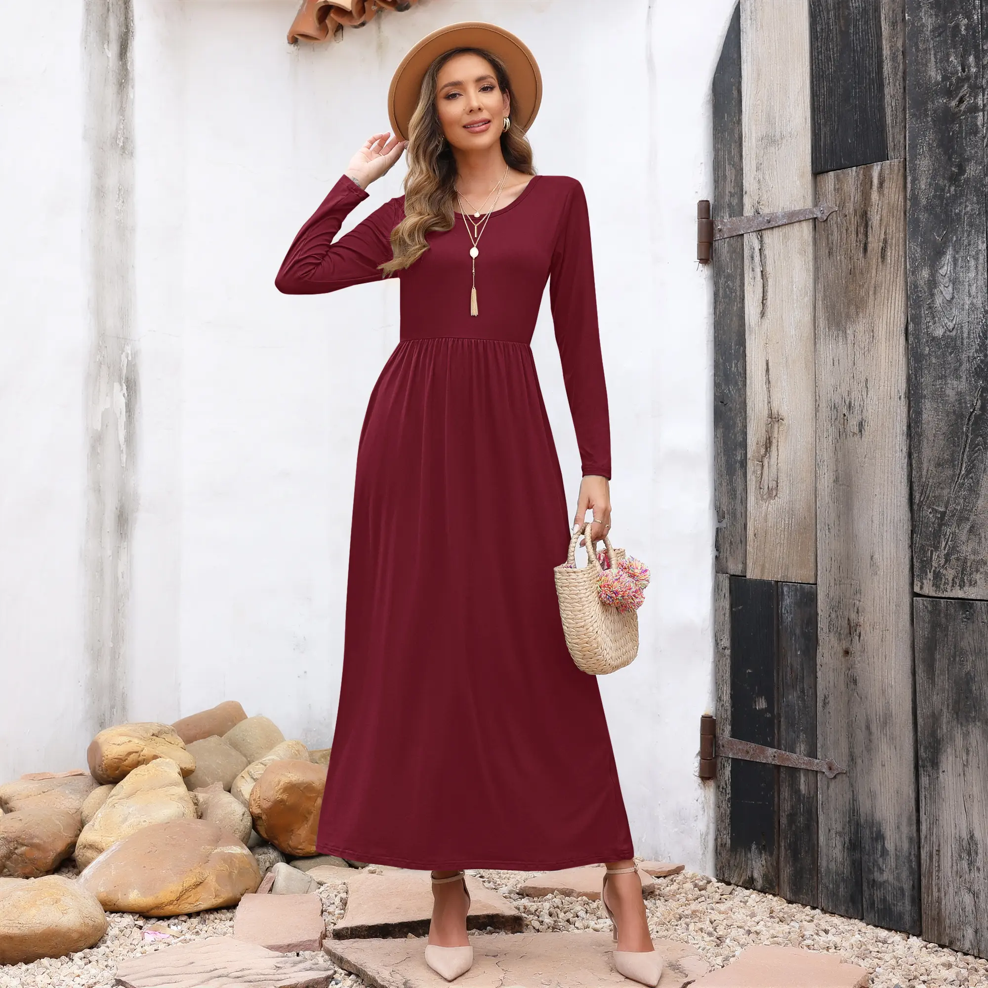 AUSELILY 2026 Fall Women Long Sleeve Loose Round Neck Maxi Dresses Casual Long Dresses with Pockets Christmas Dress