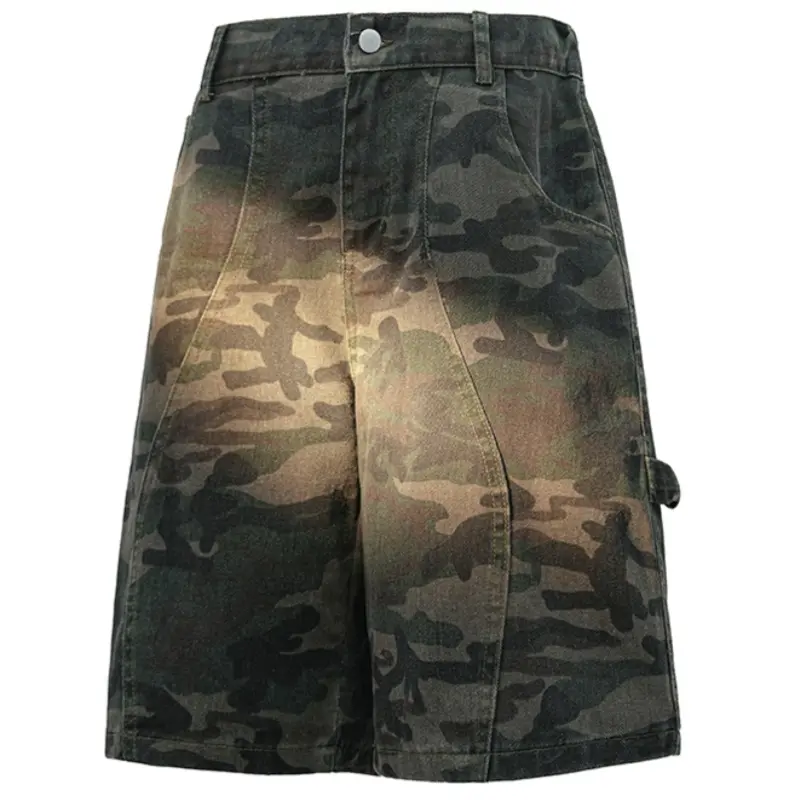 Mens Retro Camouflage Denim Jorts - Mid Waist, Button Fly, Vertical Splicing Seams, Side Tool Pocket, Regular Cut, Knee Length, Stylish Menswear for Street Skate, Outdoor Hiking Summer Casual Occasions