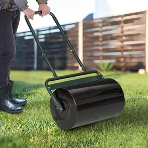 20-Inch Push/Tow Behind Lawn Roller with 10 Gal Water or Sand for Flattening Sod in the Garden Dark Green Rugged Steel Cylinder U-shaped Handle Efficient Garden Rolling Tool