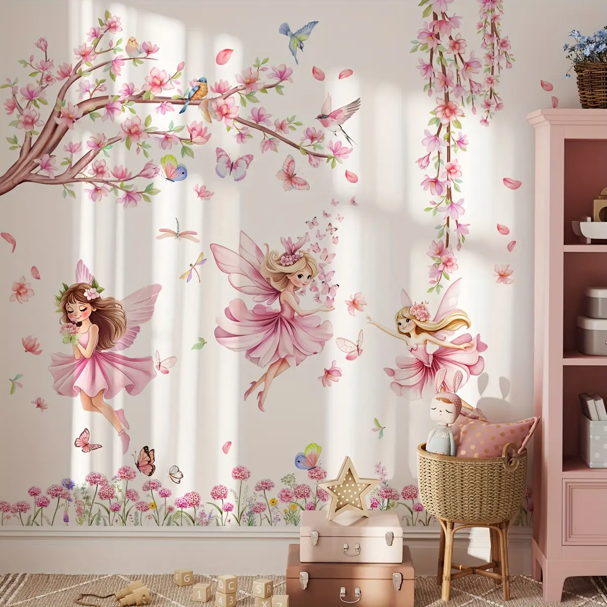A set of three flower fairy branch wall stickers, for bedroom and living room background walls, home decoration stickers, Decorative Decal, Wall Decal, Wall Stickers Decorations, Decoration Items, self-adhesive M15027-NC