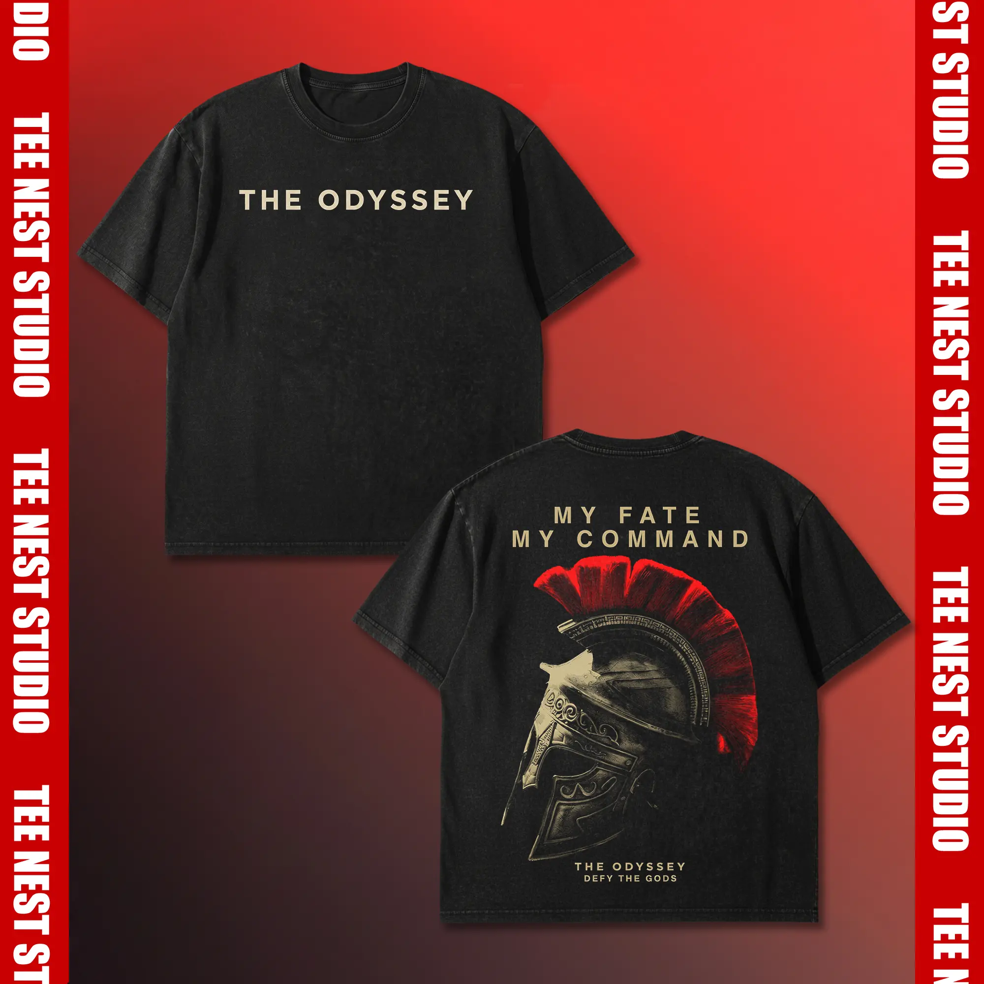The Odyssey Spartan Shirt 2 Sides, Vintage Greek Mythology Warrior Graphic Top, My Fate My Command Red Plume Helmet Tee, Heavyweight Oversized Premium Cotton Streetwear, Retro Defy The Gods Gym Merch Gift Apparel for Men